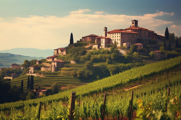 A panoramic view of a rolling vineyard in Italy