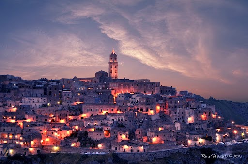 Matera, the city of stones, at sunset